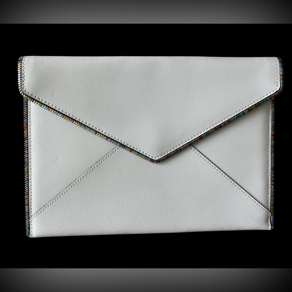 Rebecca Minkoff White Saffiano Leather Zipper Trim Envelope Clutch